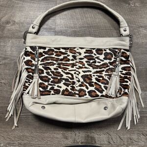 B. Makowsky Andrea Bucket Hobo bag in stone leather and leopard-print calf hair